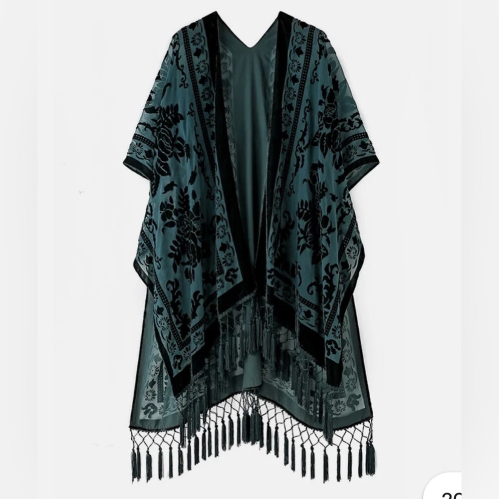 Free People Nightbird Velvet Burnout Fringe Kimono Duster Jade Boho One Size
